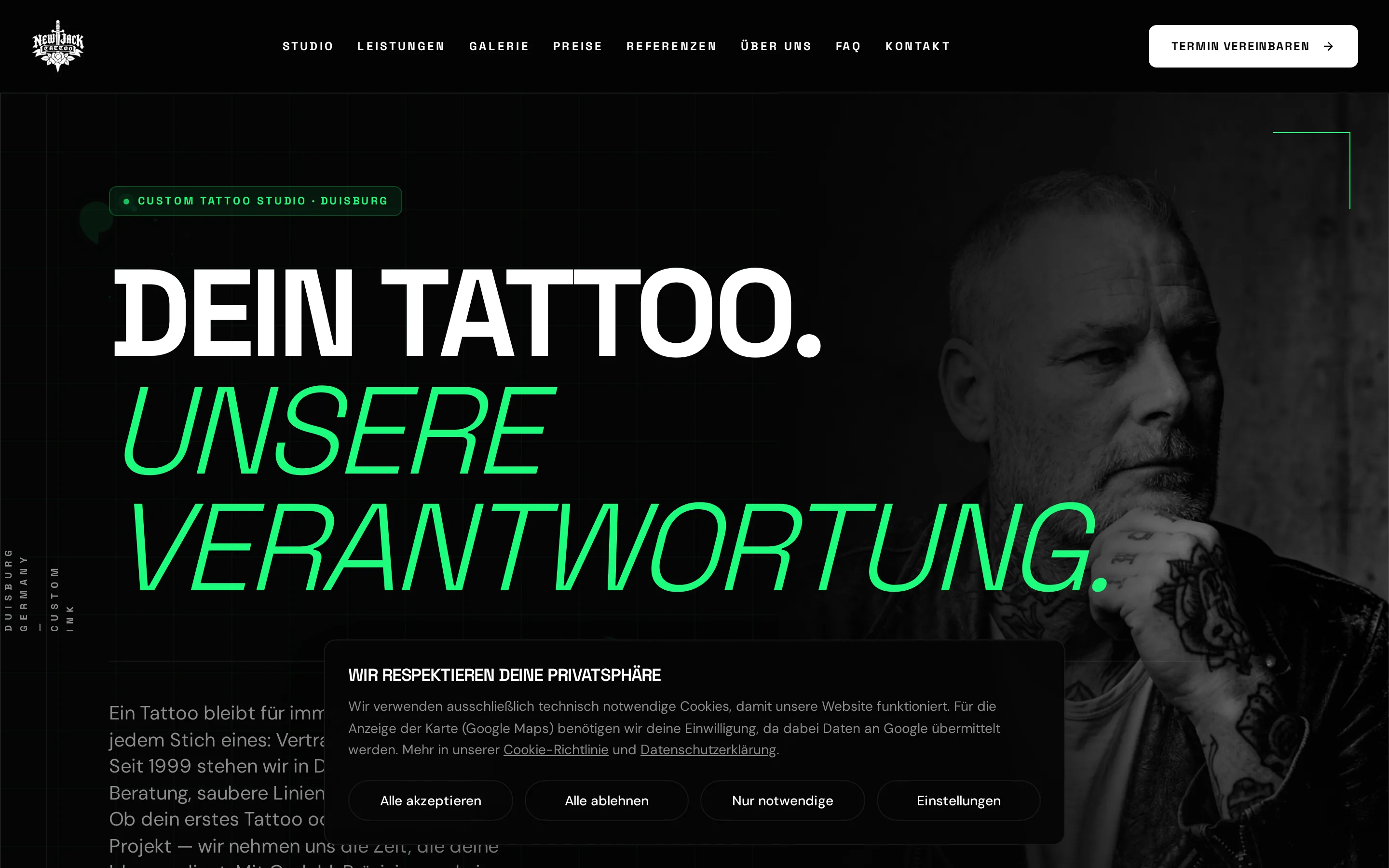Website-Referenz NEW JACK TATTOO – Premium-Website für Tattoo-Studio mit Booking-Funnel und lokalem SEO in Duisburg · Tattoo-Studio · Duisburg · Website-Agentur PR1ME Studio