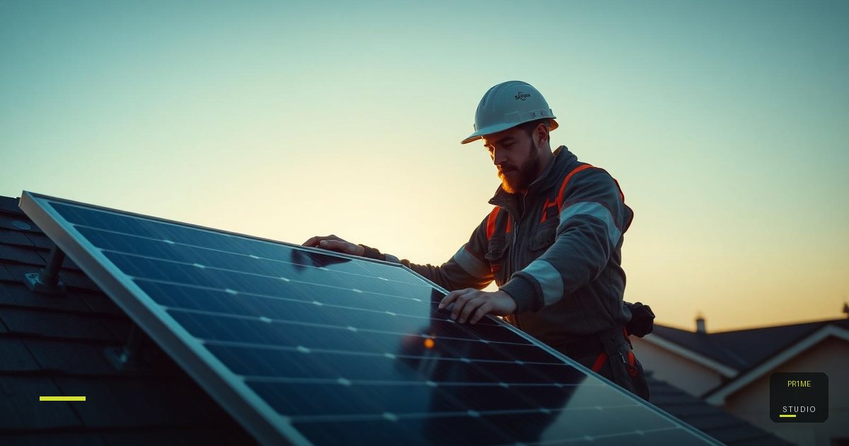 Solarteur auf dem Dach montiert PV-Module, klares Tageslicht mit PR1ME Studio Lime-Akzent #D3DE32 – Website für Solarunternehmen by PR1ME Studio