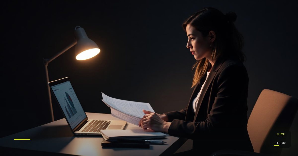 Steuerberaterin am Schreibtisch mit Unterlagen, ruhige Office-Szene mit PR1ME Studio Lime-Akzent #D3DE32 – Website für Steuerberater by PR1ME Studio
