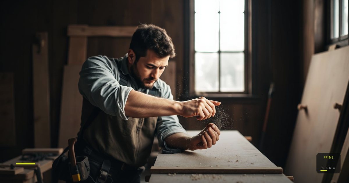 Handwerker bei präziser Arbeit, warmes Werkstattlicht mit PR1ME Studio Lime-Akzent #D3DE32 – Website für Handwerker by PR1ME Studio